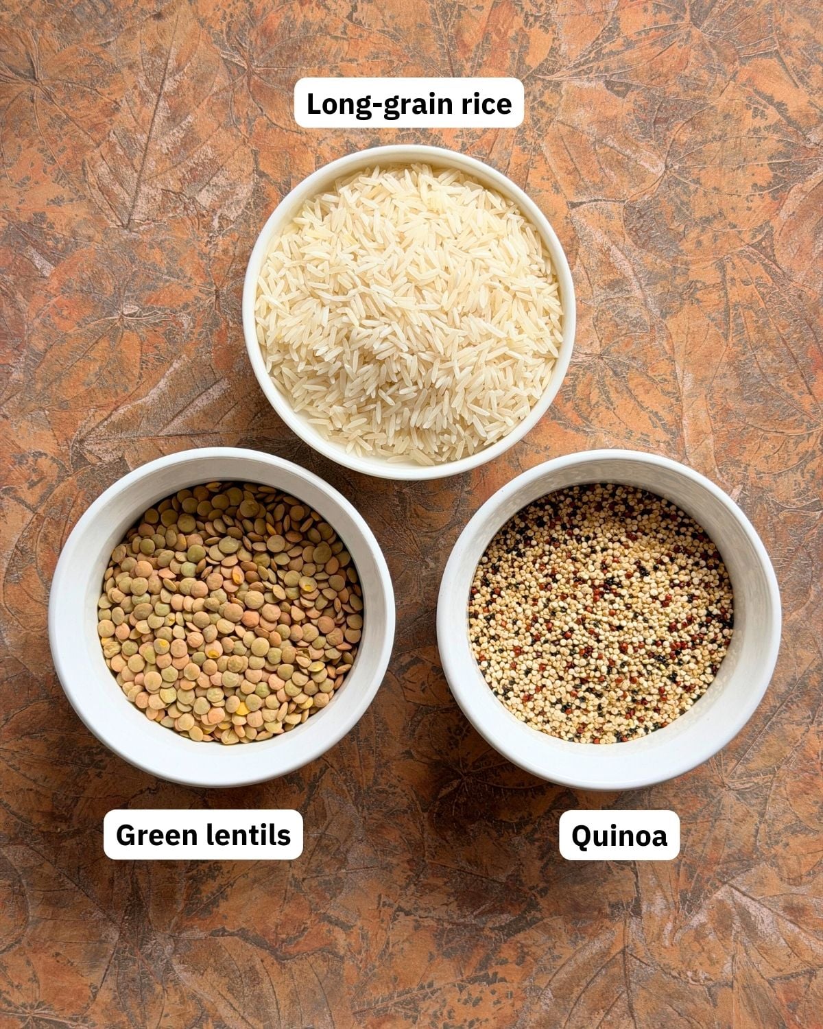 Ingredients flatlay: Ramekins of long-grain rice, green lentils, and quinoa