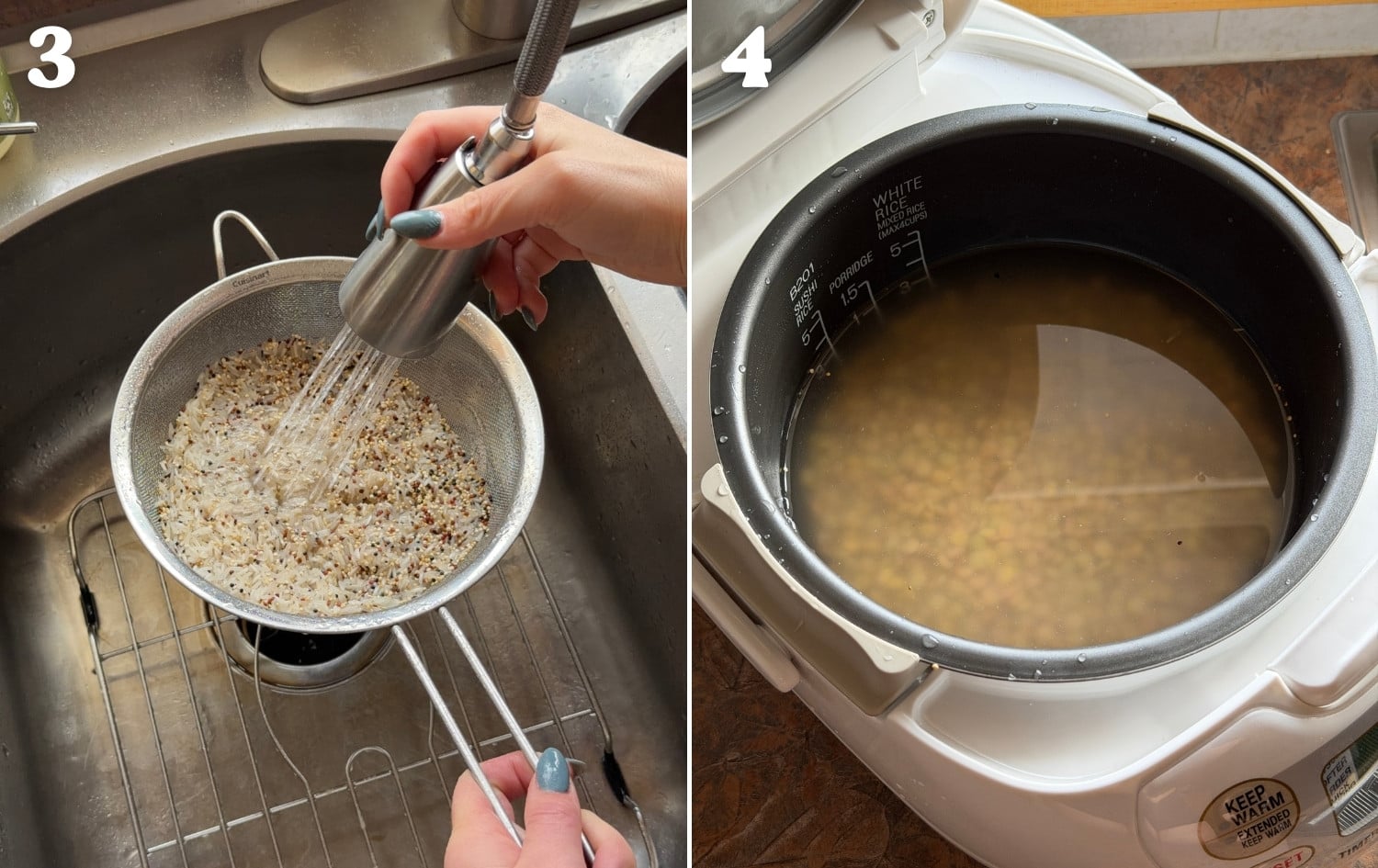rinsing rice and quinoa in a sieve and then adding rice, lentils and quinoa to a rice cooker