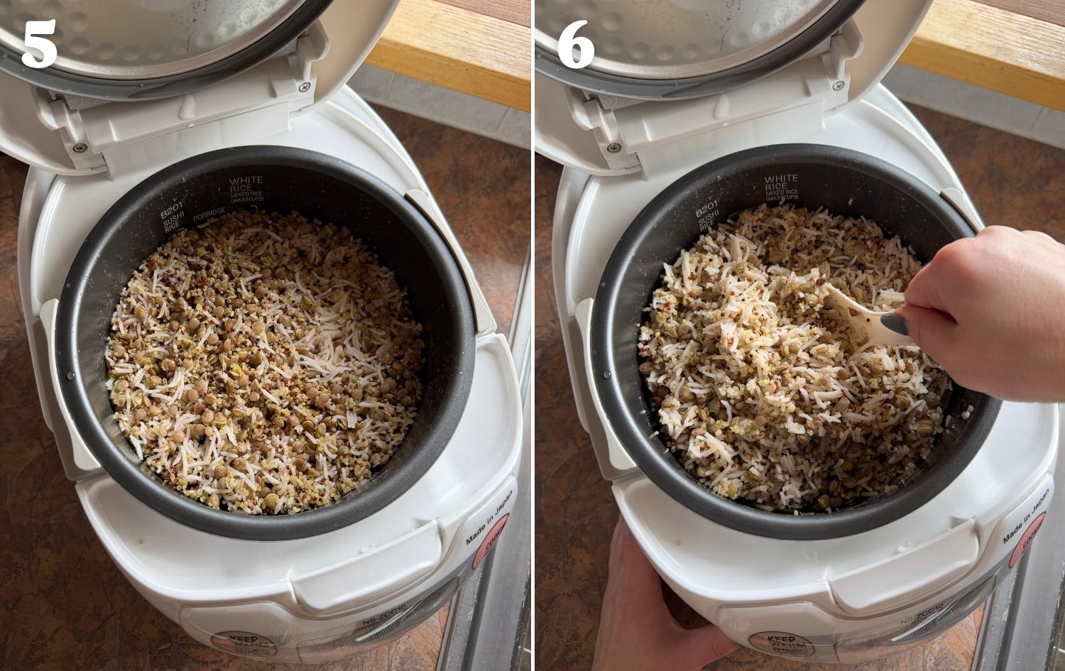 quinoa and lentil rice in the rice cooker, before and after fluffing with a rice paddle