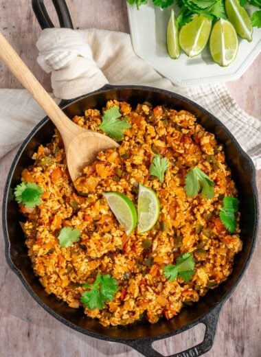 tofu sofritas in a cast iron pan