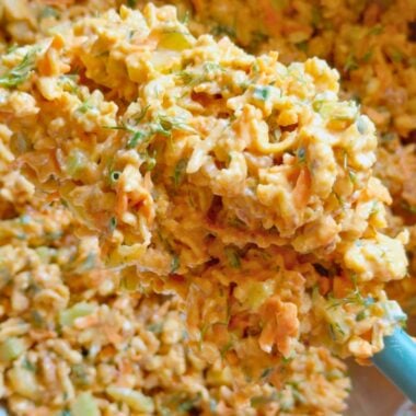 closeup of spoonful of buffalo tofu salad