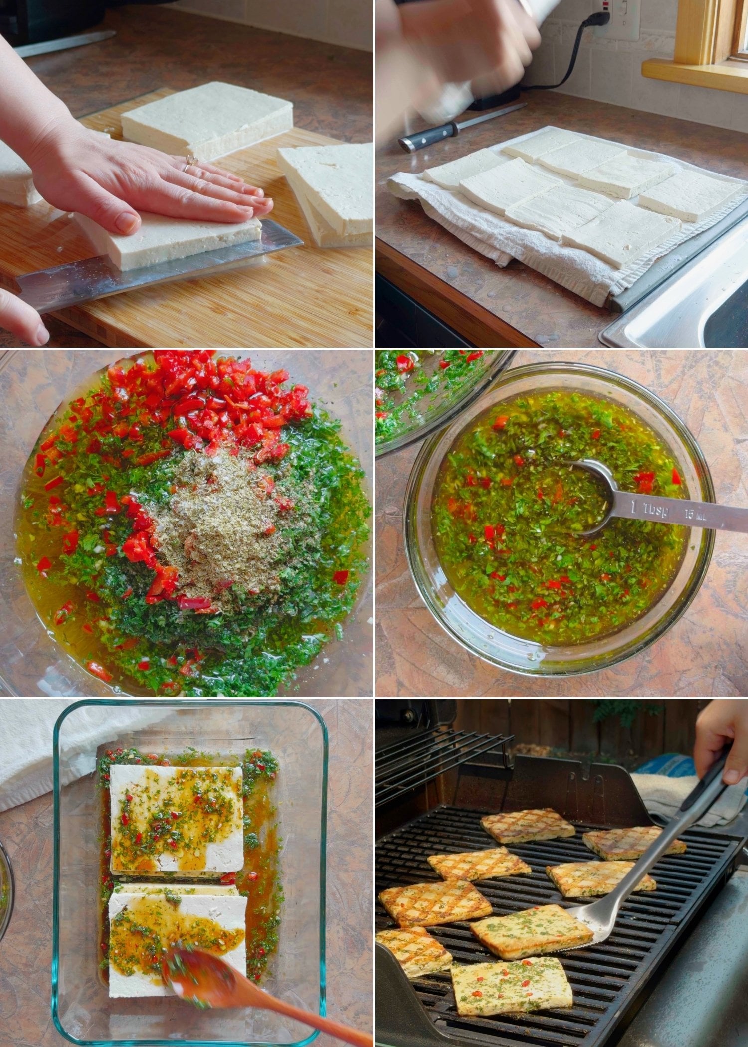 6-panel graphic showing the procedure for chimichurri grilled tofu