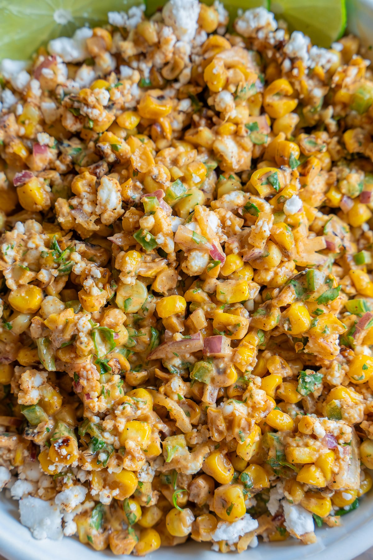 close up of vegan street corn salad to show texture