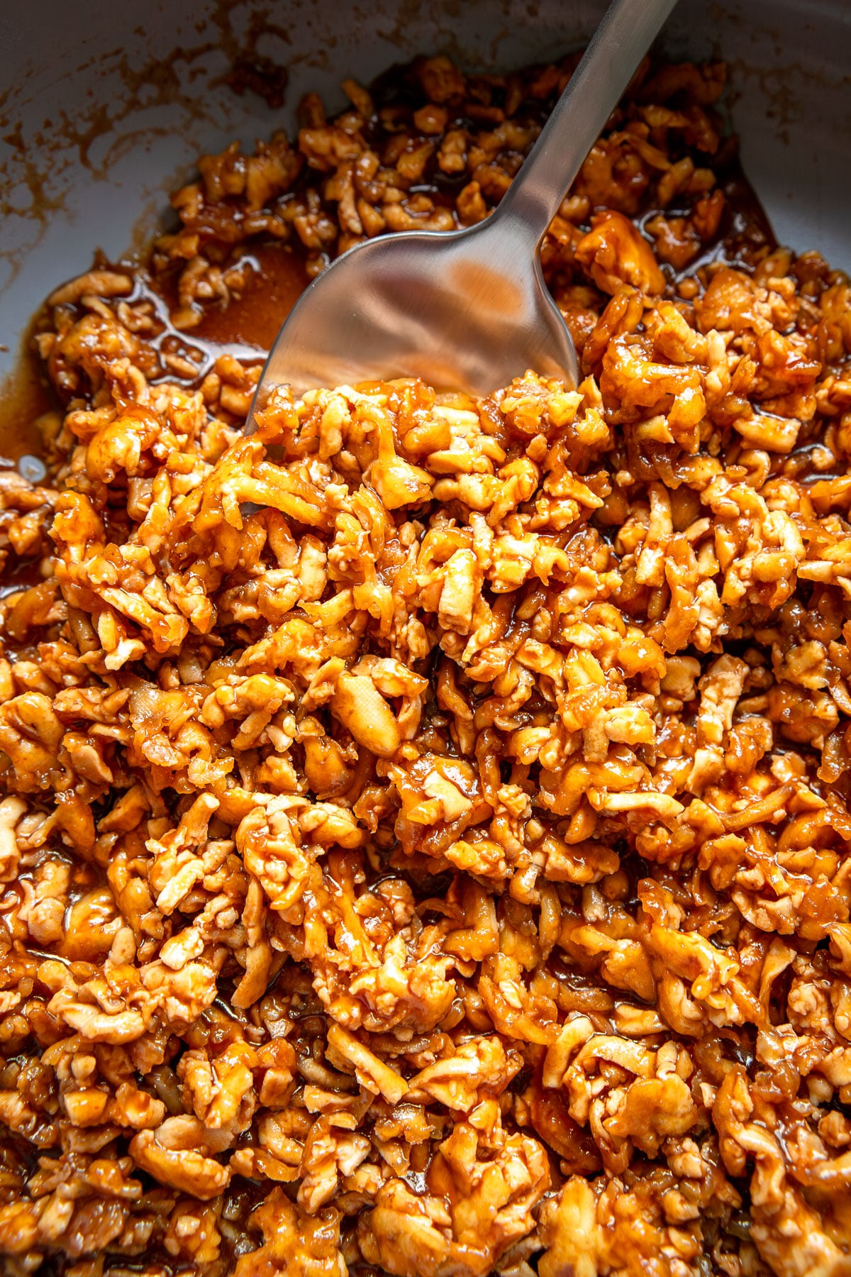 close up of shredded bbq tofu