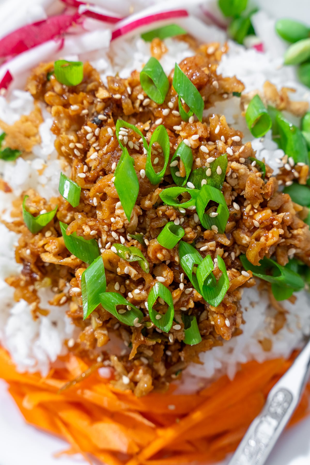 overhead shot of tofu bulgogi bowl with toppings