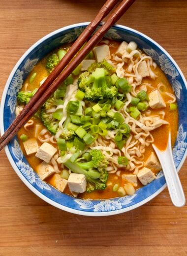 overhead shot of large blue bowl with easy miso ramen