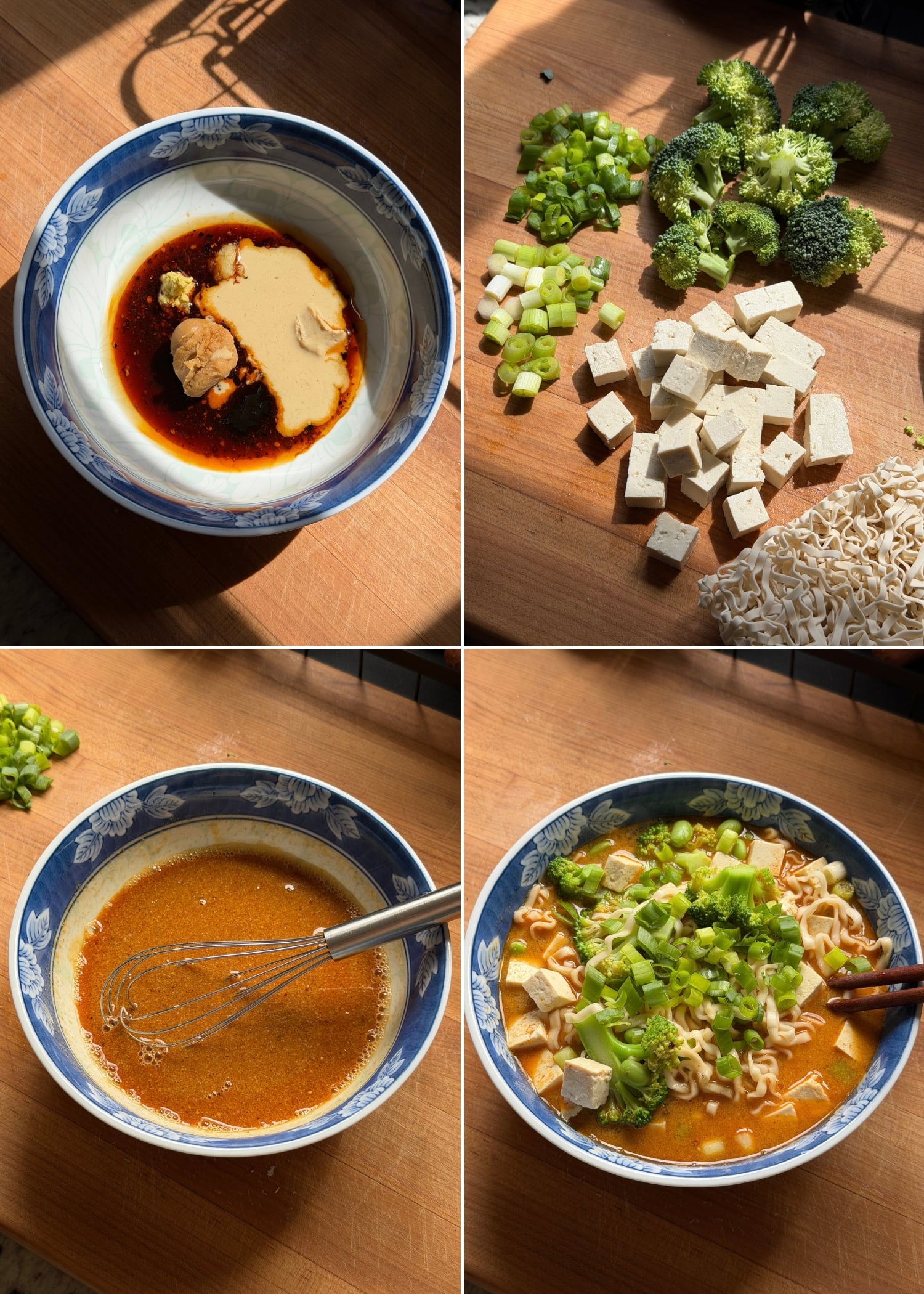four image collage showing easy vegan ramen procedure