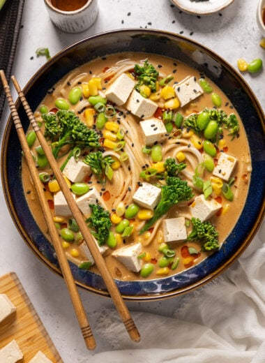 overhead shot of bowl of easy vegan miso ramen