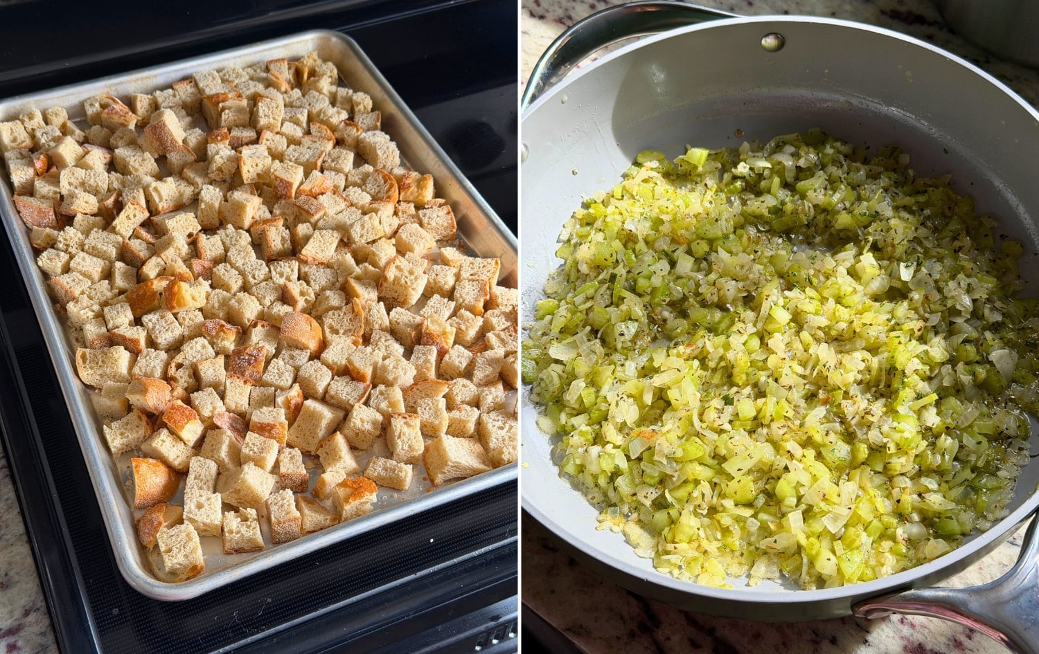 Left: cubes of bread drying out on a baking sheet. Right: aromatics sauteeing in a large pan.