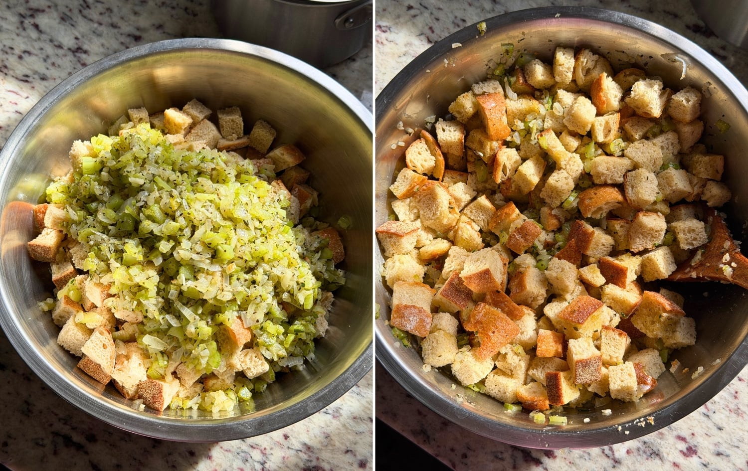 Left: sautéed aromatics poured over the cubed bread in a mixing bowl. Right: everything mixed together.
