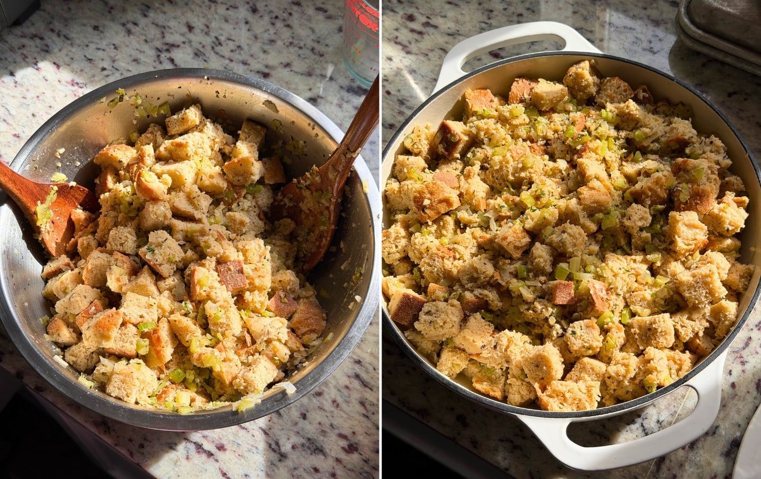 Left: all stuffing ingredients being mixed in a large metal mixing bowl. Right: all ingredients added to a braiser, ready to be baked.