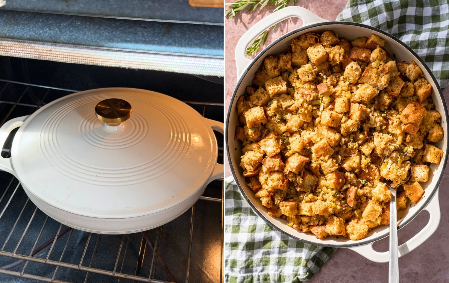 Left: covered braiser pan in the oven. Right: fully baked stuffing!