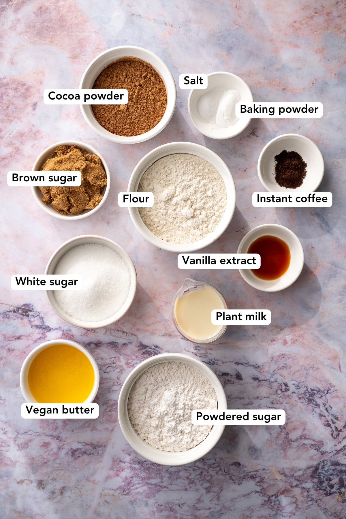 Ingredients for vegan chocolate crinkle cookies.