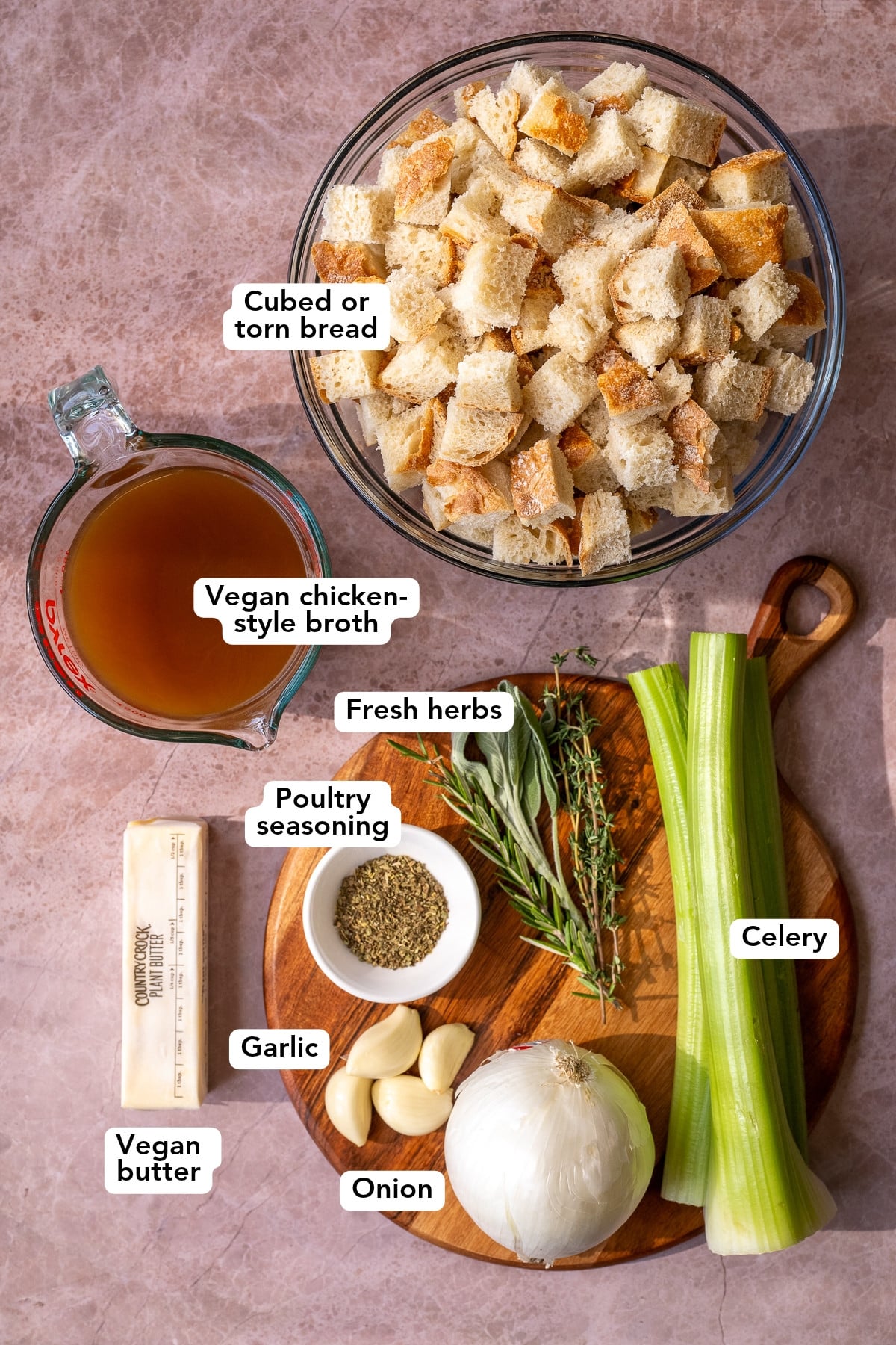 Ingredients for classic vegan Thanksgiving stuffing.