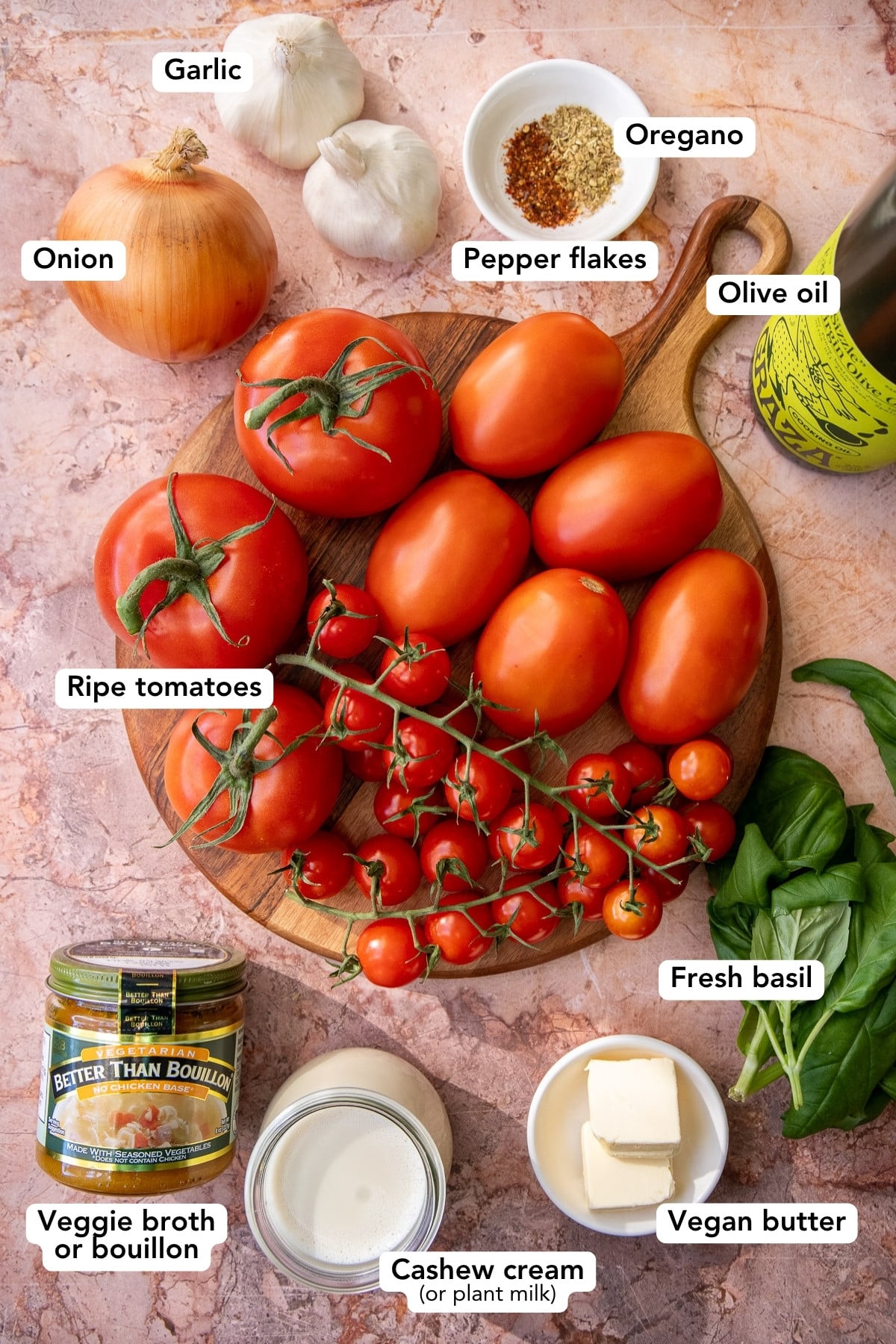 Ingredients for vegan roasted tomato soup.